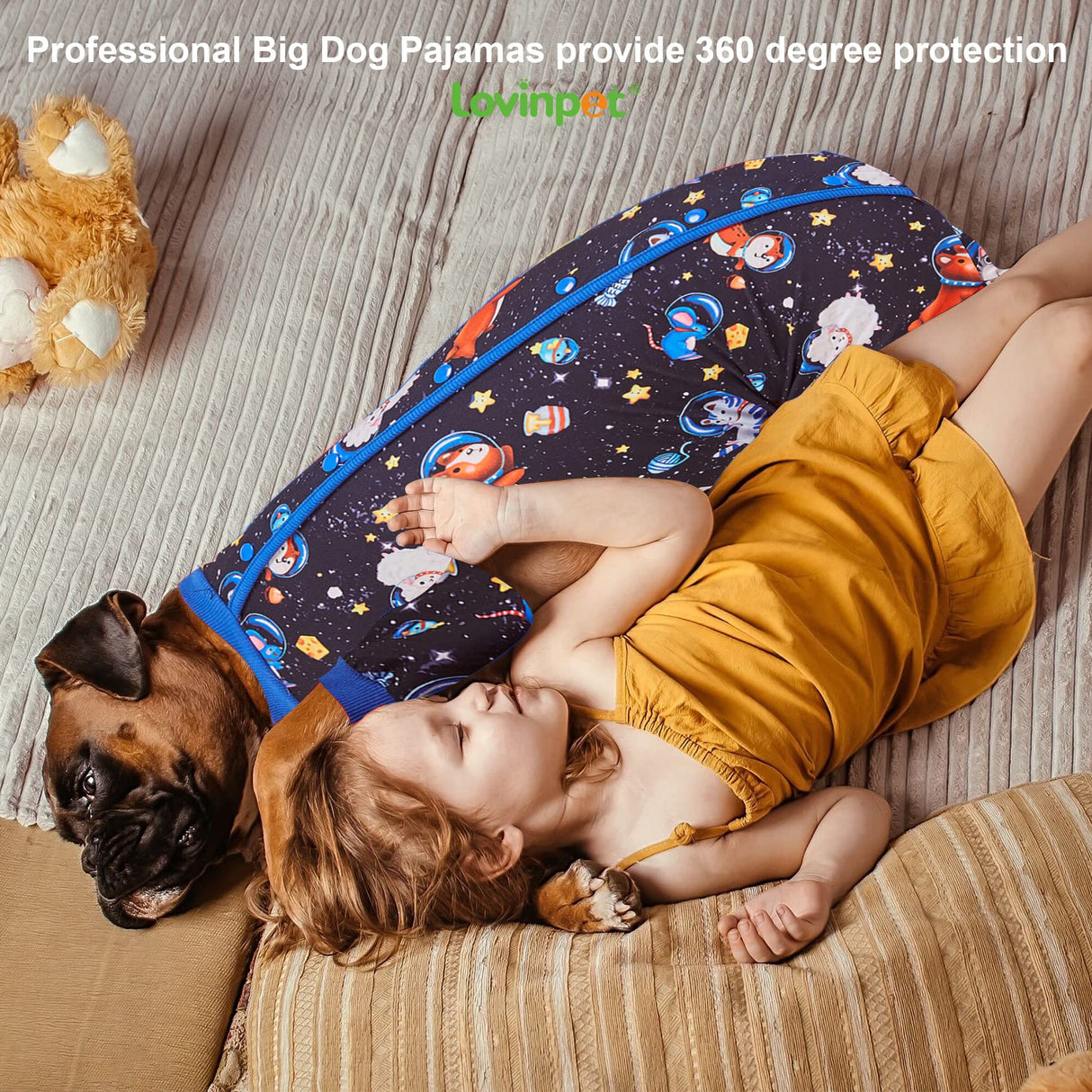 LovinPet Large Big Dog Pajamas - Anxiety Calming Dog Onesie, Pet Pajamas for Dogs, Lightweight Stretchy 4 Legged Style Large Dog Jammies, Space Animals Black Print, Pet Pjs,Black XL