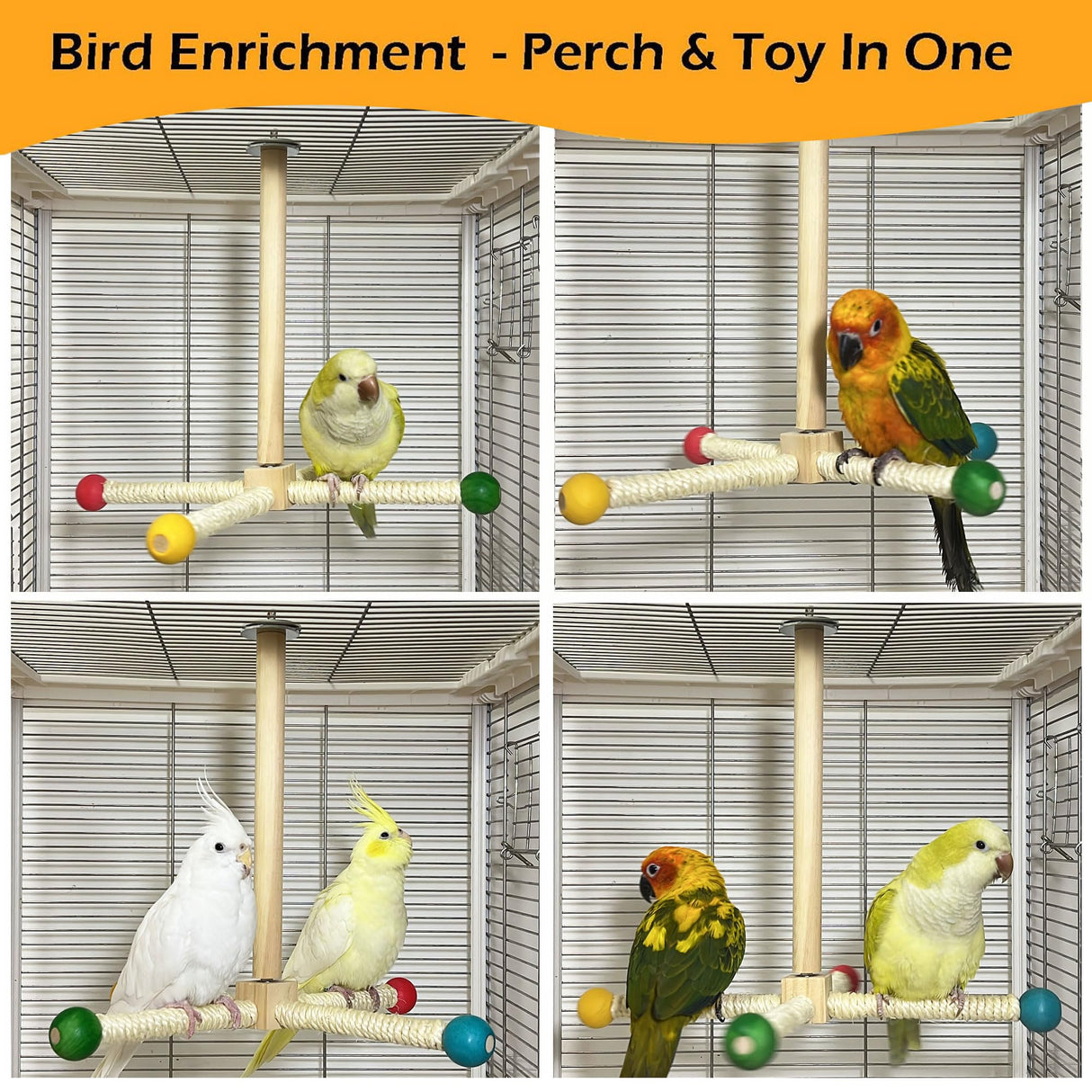 Large Bird Stand Perch Toy for Cage, Interactive Spinning Toys, Wooden Exercise Wheel Quaker Toy, Enrichment Bird Cage Accessories Perch Toys for Medium-Sized Birds Cockatiel Ring-Necked Caique (L)