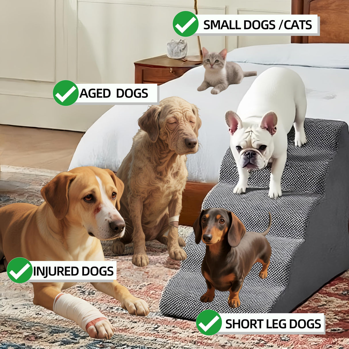 5 Step Pet Stairs Ramp for High Beds Sofas 23-30 Inch with Sturdy Non Slip Waterproof Pads, Machine Washable Cover Indoor Balanced Design for Cats Dogs Small Medium Large XL Pets Pink, Large