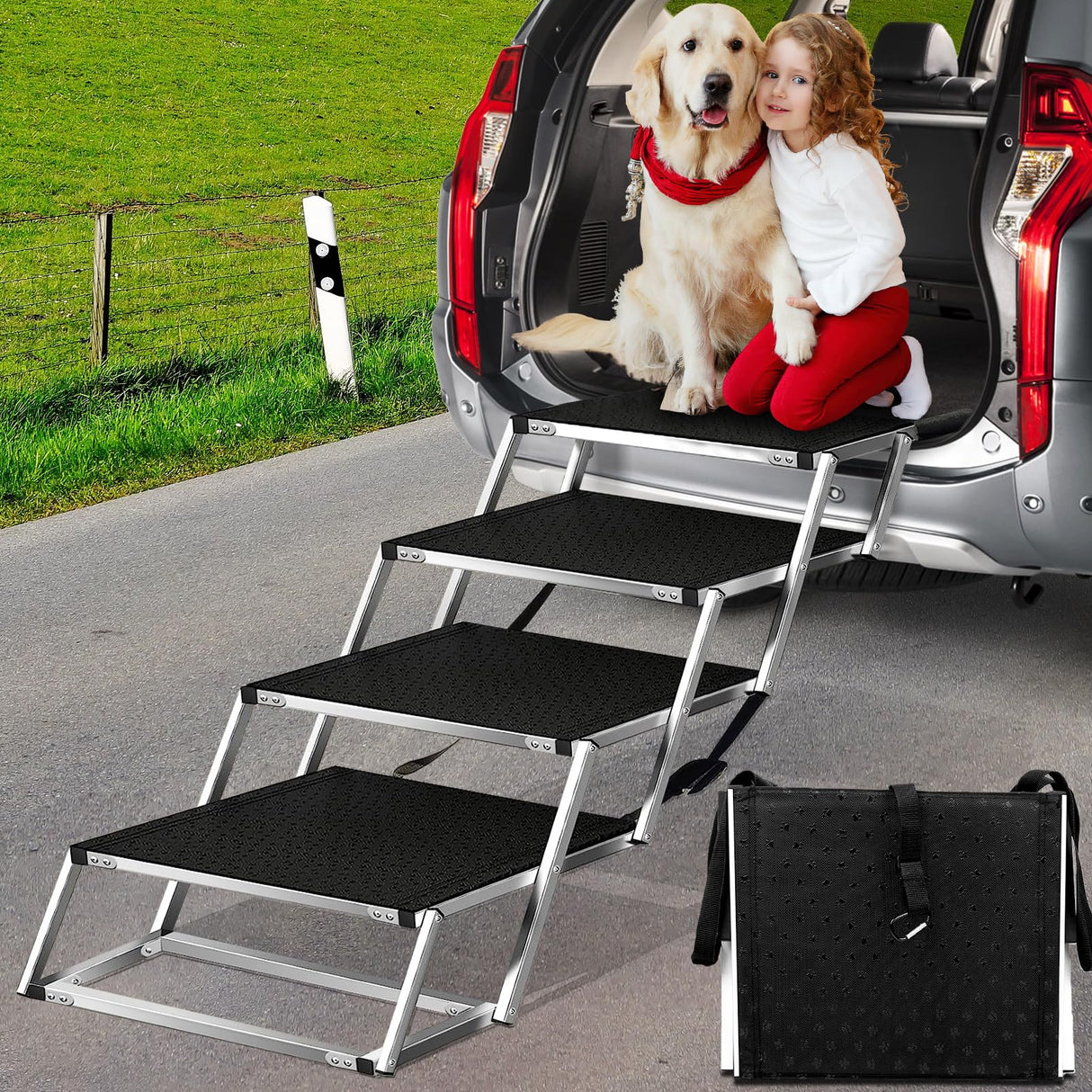 Dog Ramp for Car, Extra Wide Dog Stair for Large Dogs Car, Pet Steps Light Weight Aluminum Foldable Dog Steps for Cars and SUV,High Beds, Trucks, Supports up to 200 lbs (Extra Wide-4 Steps)