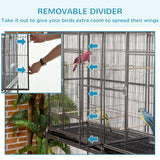 PawHut 65" Double Rolling Metal Bird Cage with Divider, Large Parrot Cage for Parakeet, Canaries, Lovebirds, Budgie, Finch, with Detachable Rolling Stand, Storage Shelf, Wood Perch & Food Container