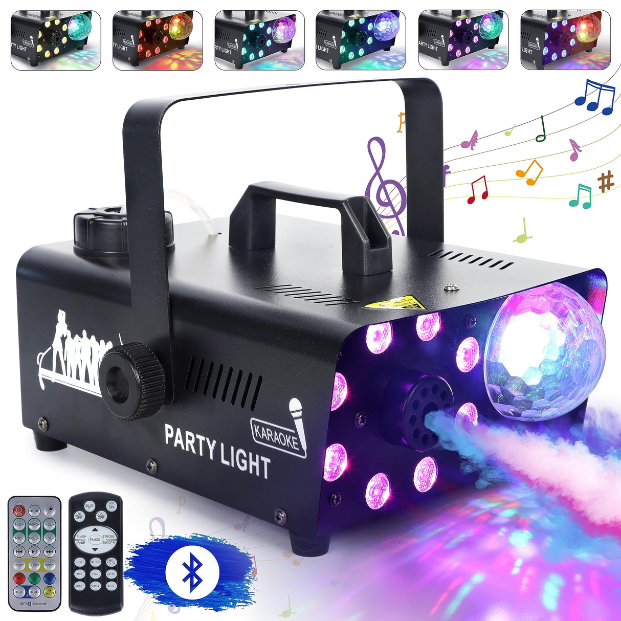 ATDAWN Fog Machine with 8 LED Lights and Disco Ball, Wireless Remote Control Smoke Machine with Bluetooth Speaker, Perfect for Wedding, Halloween, Party and Stage Effect