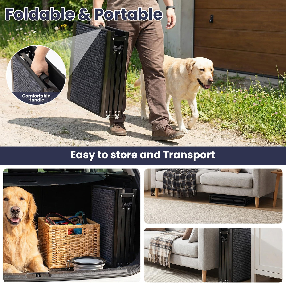 AQUILLA Dog Ramp for Car, 67" Long & 17.3" Wide Foldable Pet Ramp with Non-Slip Surface, Portable Dog Car Ramp for Old/Large/Senior Pets to Get on Bed, Stairs, Sedan/SUV/Cars, Up to 250LBS Capacity