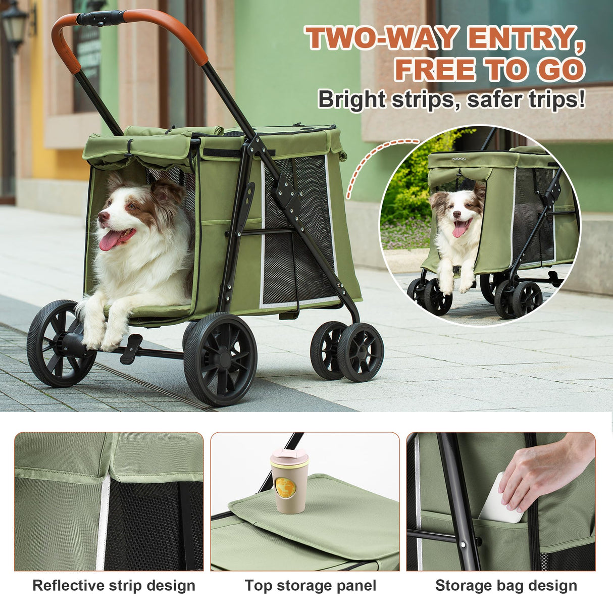 AOPEC Medium Dog Stroller, Dual Entry One-Touch Folding,Small and Medium Pet Stroller,360° Rotating Front Wheels,70 lbs Weight Capacity for Outdoor Travel and Elderly Dogs - Green