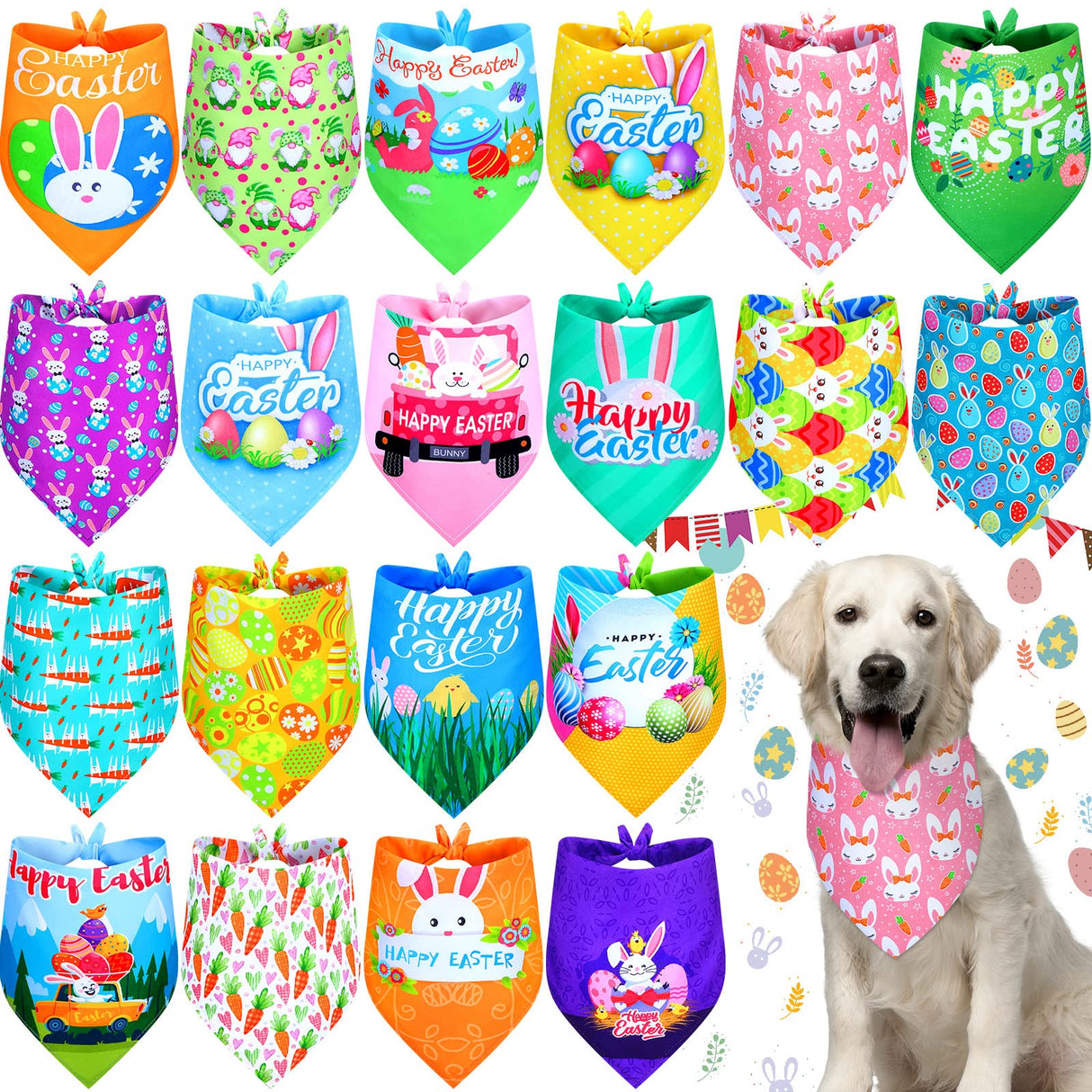 20 Pcs Easter Dog Bandana Pet Scarf Washable Triangle Bibs Shamrock Scarfs Adjustable Pet Triangle Washable Kerchief for Easter Dogs Cats