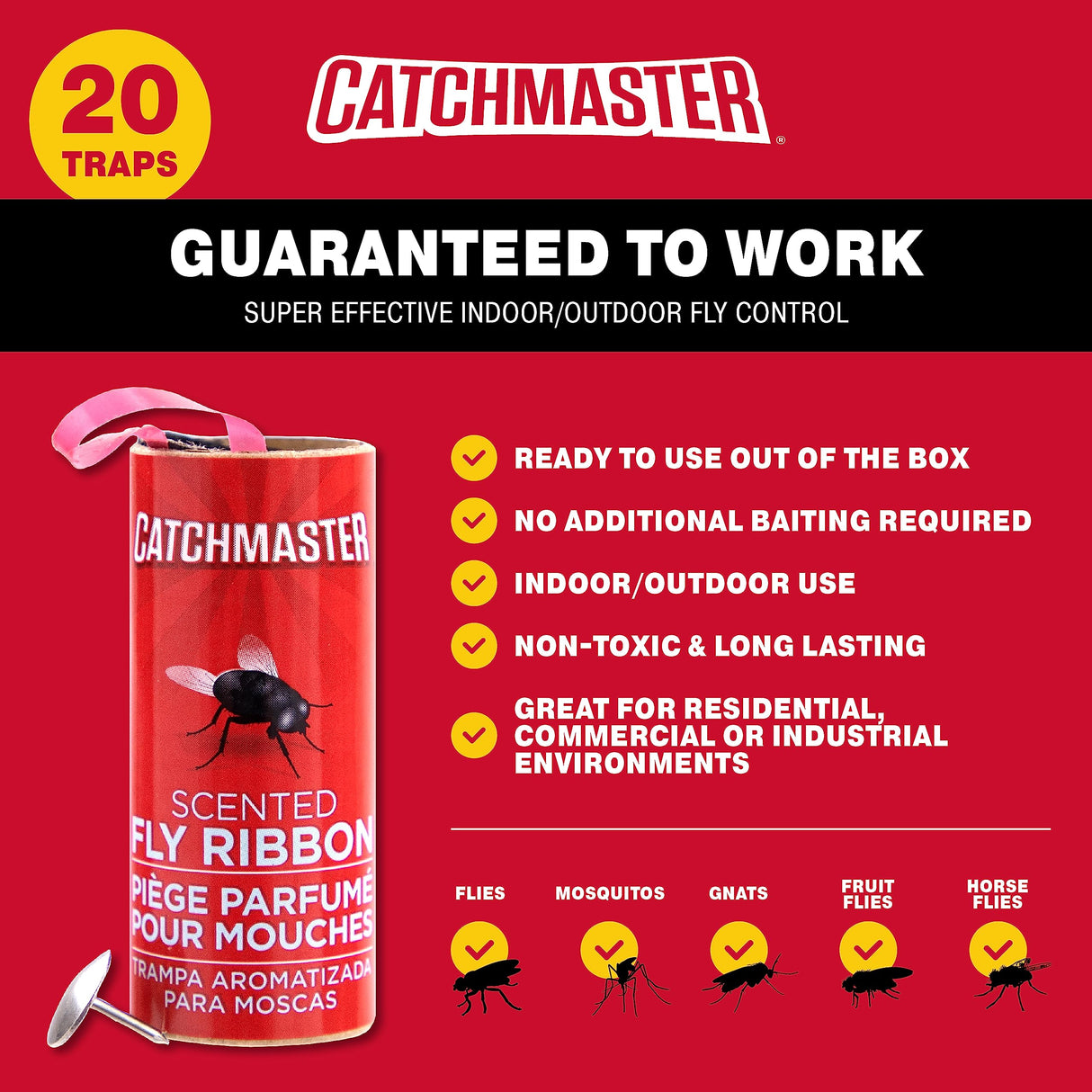 Catchmaster Fly Ribbon, Bug & Fly Traps for Indoors and Outdoors, Premium Sticky Adhesive Fruit Fly & Gnat Hanging Strips, Bulk Scented Flying Insect Paper Rolls (20-Pack)