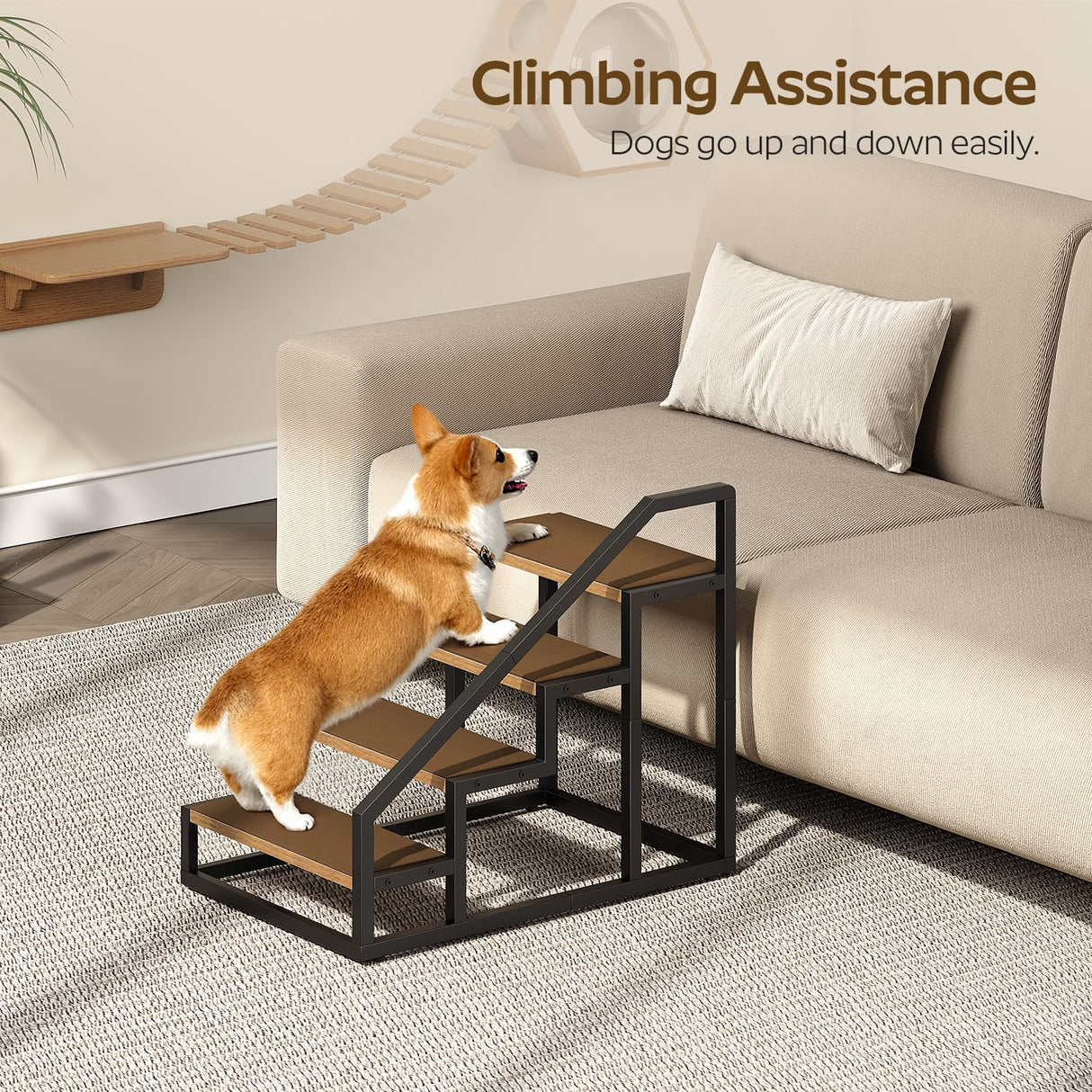 YATINEY Dog Stairs for Small Dogs, 4-Steps Dog Steps for High Beds and Couch, 20.5”H Pet Steps with Non-Slip, Brown and Black LT01BV