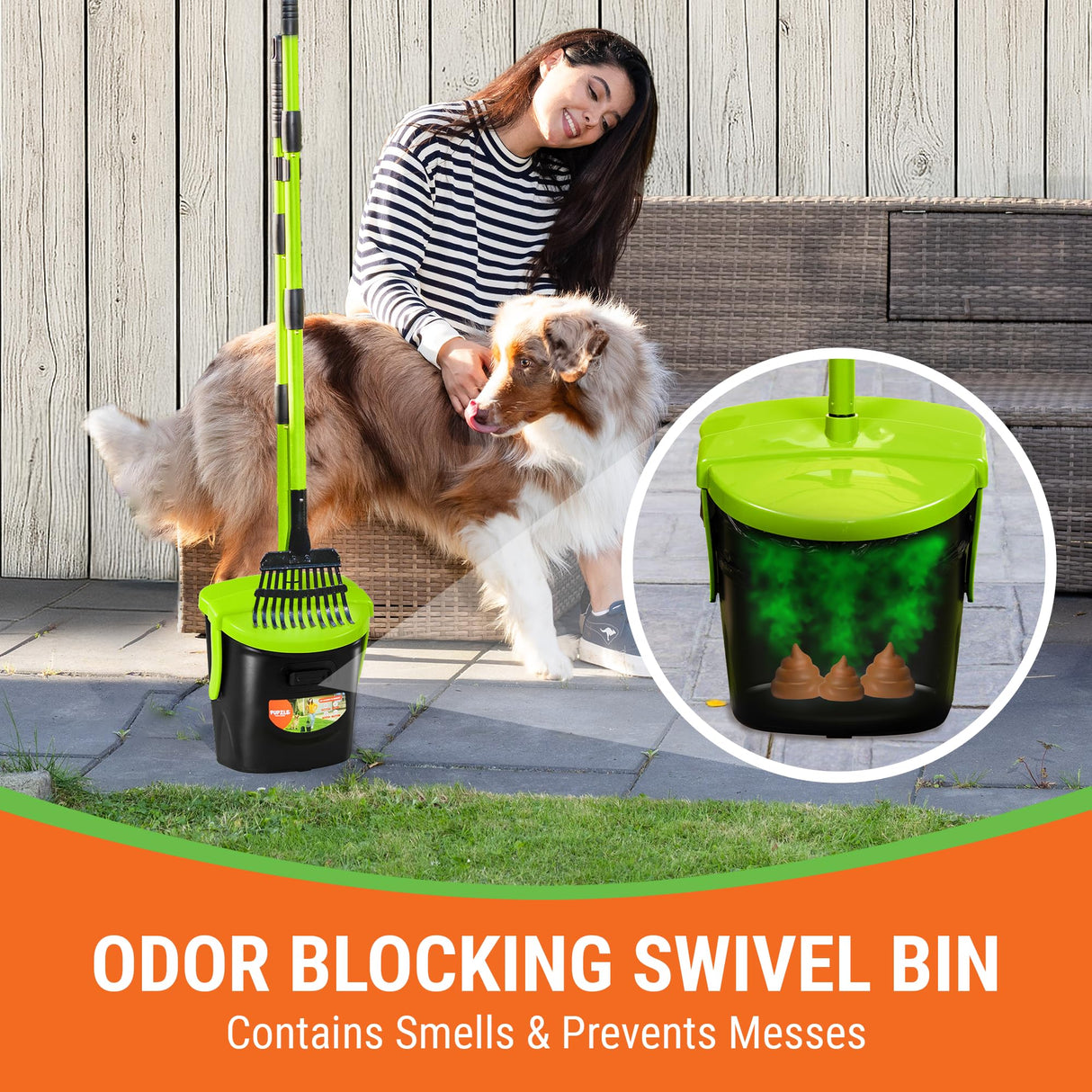 Pupzle Dog Pooper Scooper with Bag Attachment, 40" Long Handle Pooper Scooper for Large Dogs, Dog Poop Scoop for Yard, Large Capacity Swivel Bin and Rake, Lavender Scented Bags (Green)