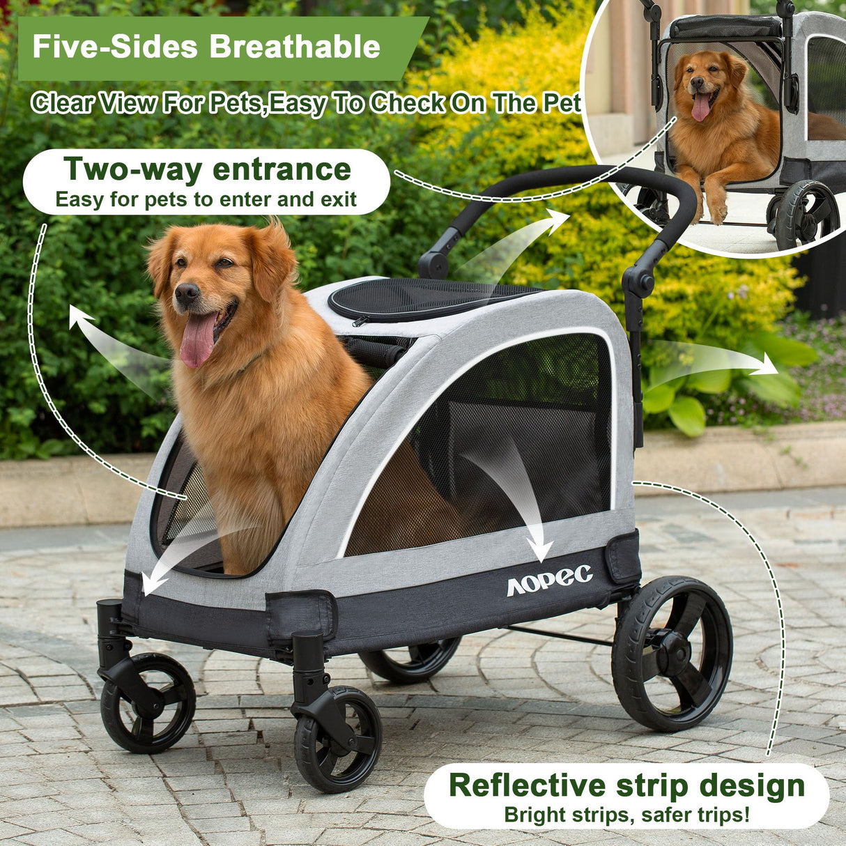 AOPEC Large Dog Stroller - Dual Entry Safety Folding Pet Stroller with Adjustable Handle, All-Terrain 4-Wheel, 160 lbs Weight Capacity for Travel & Outdoor Adventures - Gray