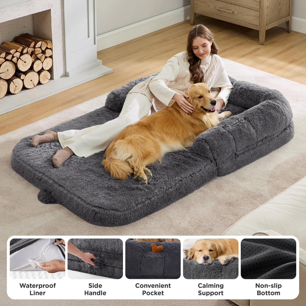 Bedsure Foldable Human Dog Bed - 2 in 1 Flexible Giant Human Dog Bed for Adult People with Supportive Bolster Egg Foam, Waterproof Liner, Calming Fluffy Faux Fur Orthopedic Big Bean Bed, Dark Grey