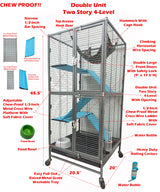 Deluxe Double Unit Two Full Story Durable Front Doors Tight 1/2-inch Wire Spacing Chew-Free Small Animal Critter Home Cage Water Bottle Food Bowl for Feisty Ferret Hammock Rat Mice On Wheels