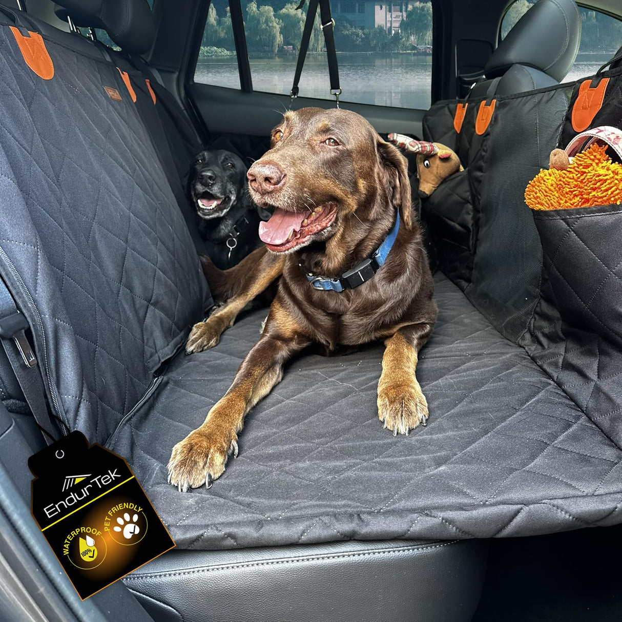 ENDURTEK Dog Car Seat Cover for Back Seat | Universal Hard Bottom Back Seat Extender for Car, Truck, SUV | Waterproof Cargo and Truck Bed Protector Hammock with Storage Pockets for Medium & Large Dogs