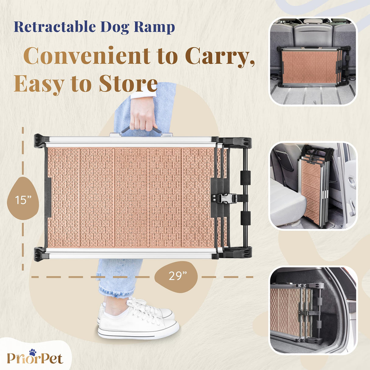 Dog Ramp for Car - Stable Anti-Slip Dog Car Ramp for Large Dogs - 63" Long & 15" Wide - 250LBS Capacity - Telescoping Pet Ramp - Lightweight - Reflective Sides - Fixing Clip - Desert Sand