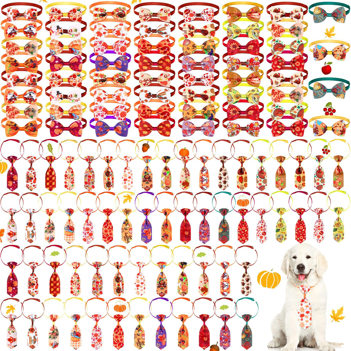 Eccliy 120 Pcs Thanksgiving Dog Bow Tie Bulk Fall Dog Grooming Bows Thanksgiving Adjustable Pumpkin Turkey Maple Leaves Pattern Pet Neckties for Small Medium Large Pet Cats