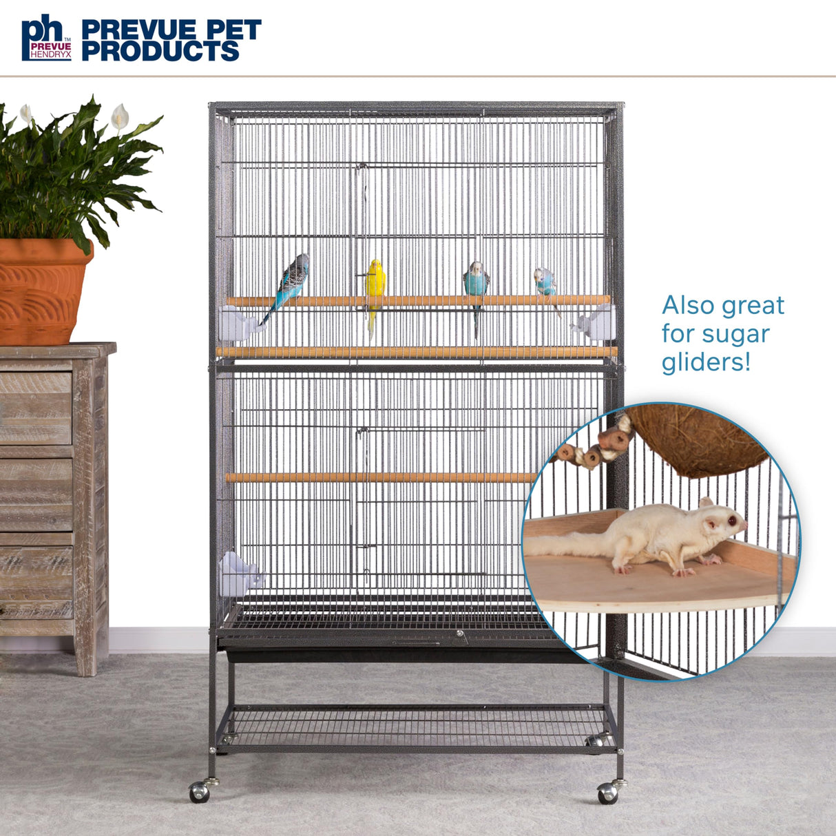 Prevue Pet Products Steel Bird Flight Cage with Wheels - Large Birdcage for Parakeets, Canaries, Finches, Cockatiels, Lovebirds, & Green Cheek, Metal Standing Birdcage - Black, Large