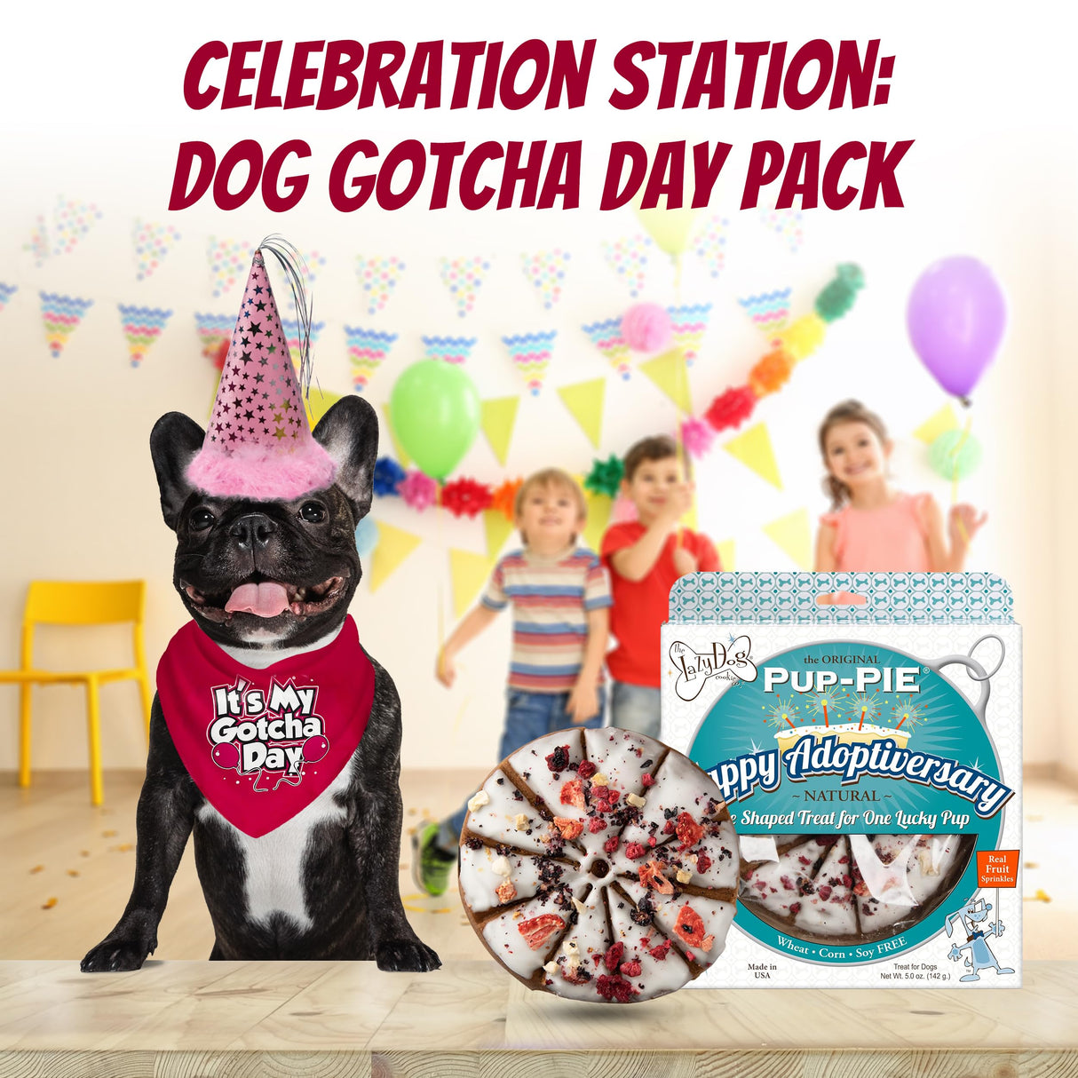 JT PET Dog Gotcha Day Party Pack with Bandana, Star Spangled Adjustable Elastic Party Hat with Tassels and Feathery Trim, Vegan Pie Included, Pink Girl, Small