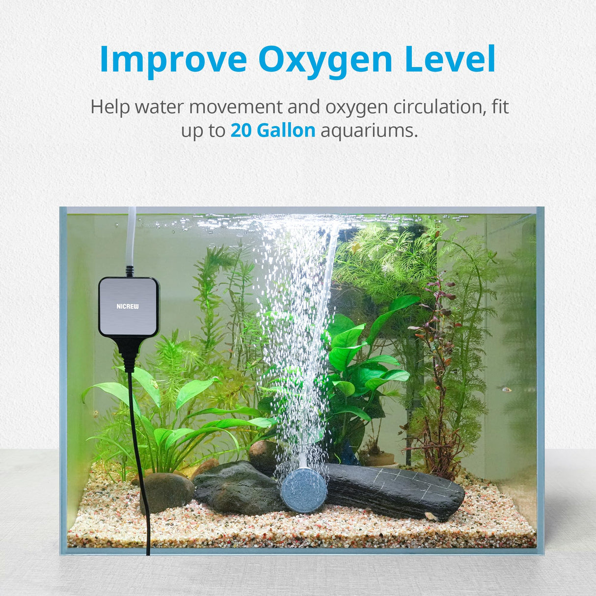 NICREW Nano Silent Aquarium Air Pump Black, Aquarium Aerator with Accessories for UP to 20 Gallon Fish Tank, Super Quiet, 0.6 L/min, 1.5 Watts