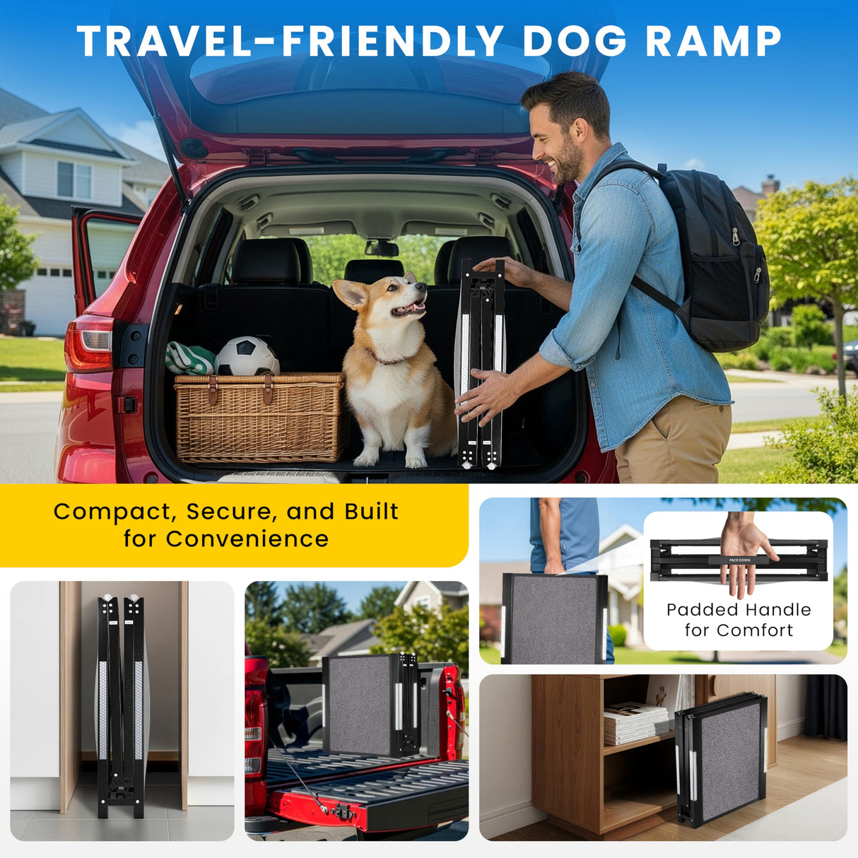 PATHOSIO PETS Portable Dog Ramp for Car – Foldable Dog Car Ramp for Truck, SUV, High Bed & Sofa with Anti-Slip Feet & Traction Carpet – Small to Large Breeds (71" Long & 17" Wide)