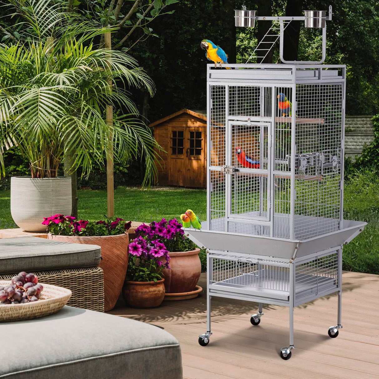 ZENY 61-inch Large Parrot Cockatiel Bird Cages with Wrought Iron Play Top, Aviary with Rolling Stand for Sun Parakeet Quaker Conure Lovebird Budgie Finch African Grey White Birdcage (White)