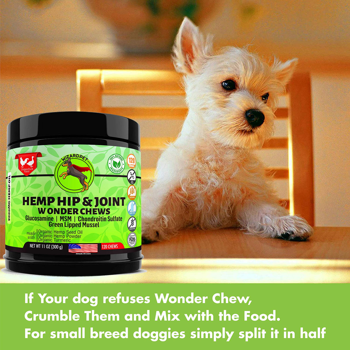 WIZARDPET Advanced Hemp Hip and Joint Supplement for Dogs Hemp Oil Glucosamine Chondroitin for Dog Omegas Turmeric MSM Green Lipped Mussel Made in USA Treats Support Mobility 120 Chews