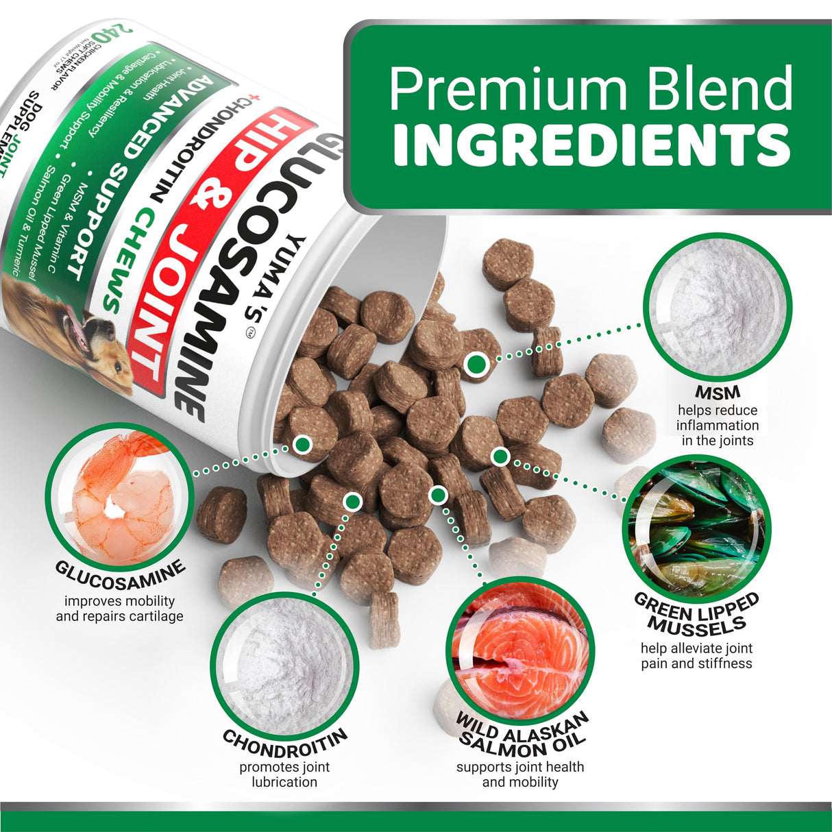 Glucosamine for Dogs - 240 Chews - Hip and Joint Supplement for Dogs - Advanced Glucosamine Chondroitin Treats with MSM - Joint Pain Relief - Large & Small Breed - Mobility Support - Made in USA