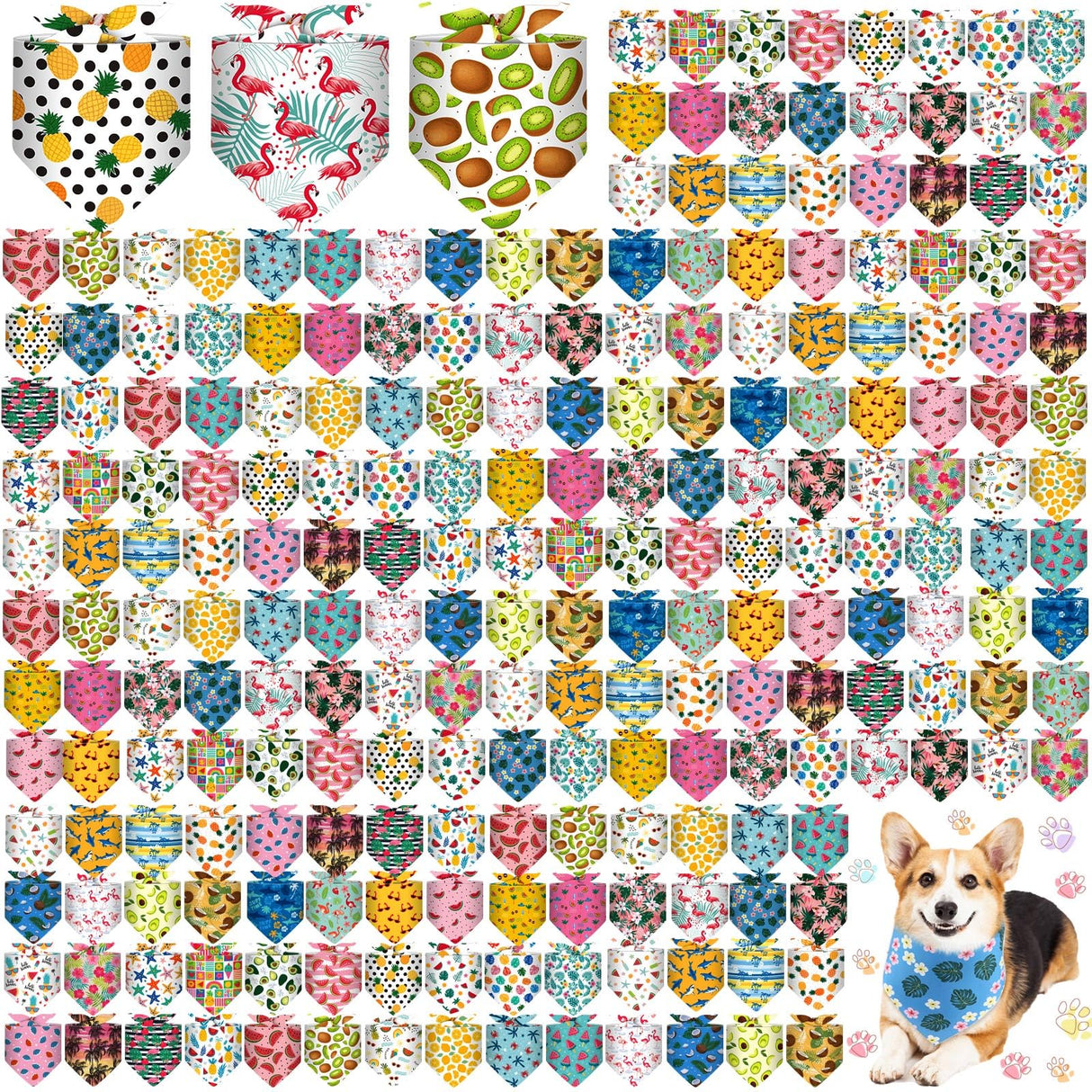 Aliceset 240 Pcs Summer Hawaii Dog Bandana Bulks Flamingo Fruit Patterns Printing Dog Kerchief Set Bibs Triangle Pet Scarf Soft Gifts Daily Cat Puppy Costume Accessories for Small and Medium Puppy