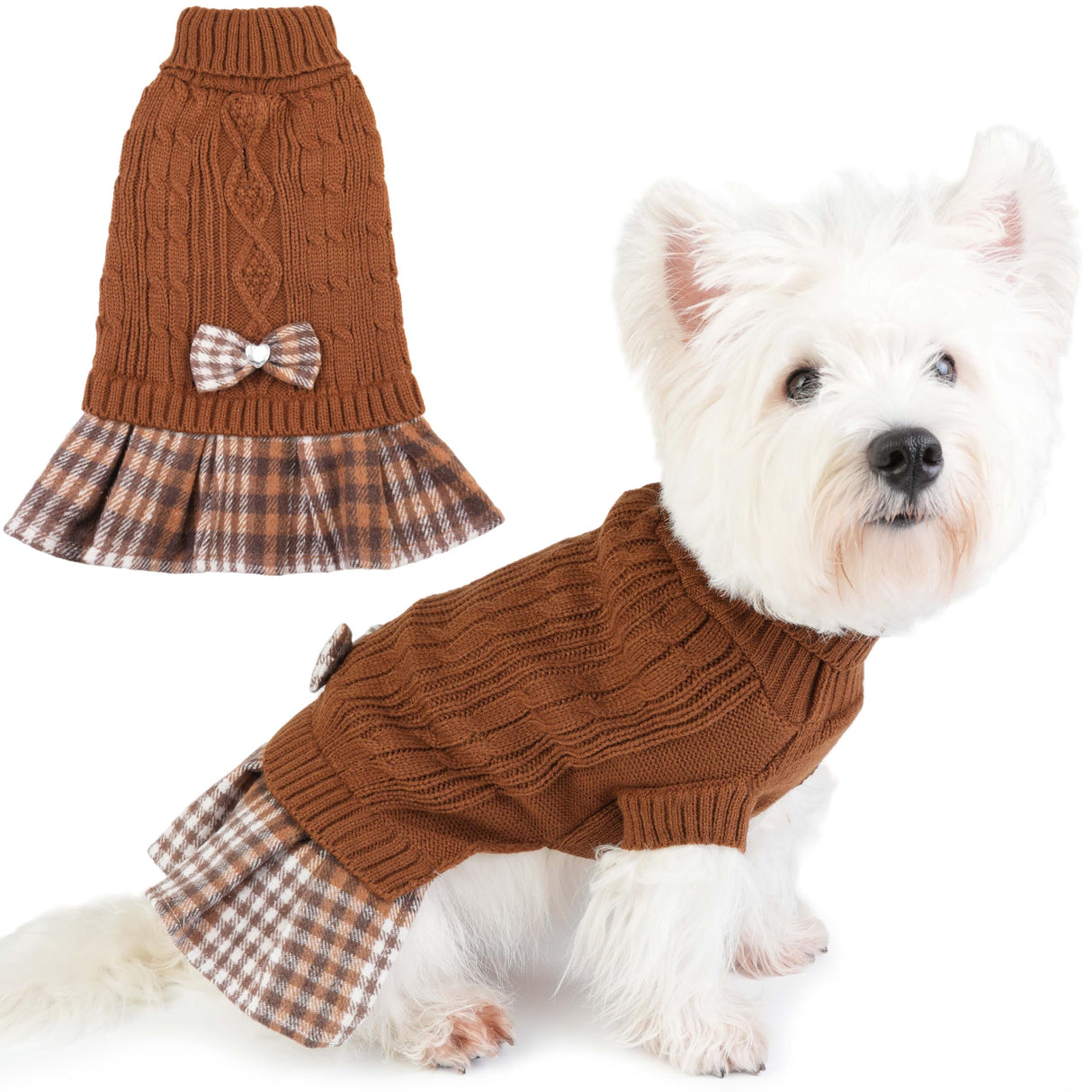 Hpetppy Dog Sweater Dress with Bowtie Turtleneck Warm Pullover Pet Sweater Soft Comfy Knitwear Dog Sweaters for Small Dogs Girl Pet Winter Clothes Cat Apparel with Leash Hole (Brown M)