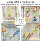 Jevnd 6-Ring Bird Swing Toy for Cage, Colorful Cotton Rope Perch for Parrots Soft Grip, DIY Adjustable Hanging Parakeet Toys, Interactive Multi-Bird Swing and Climb for Budgies, Lovebirds, Cockatiels