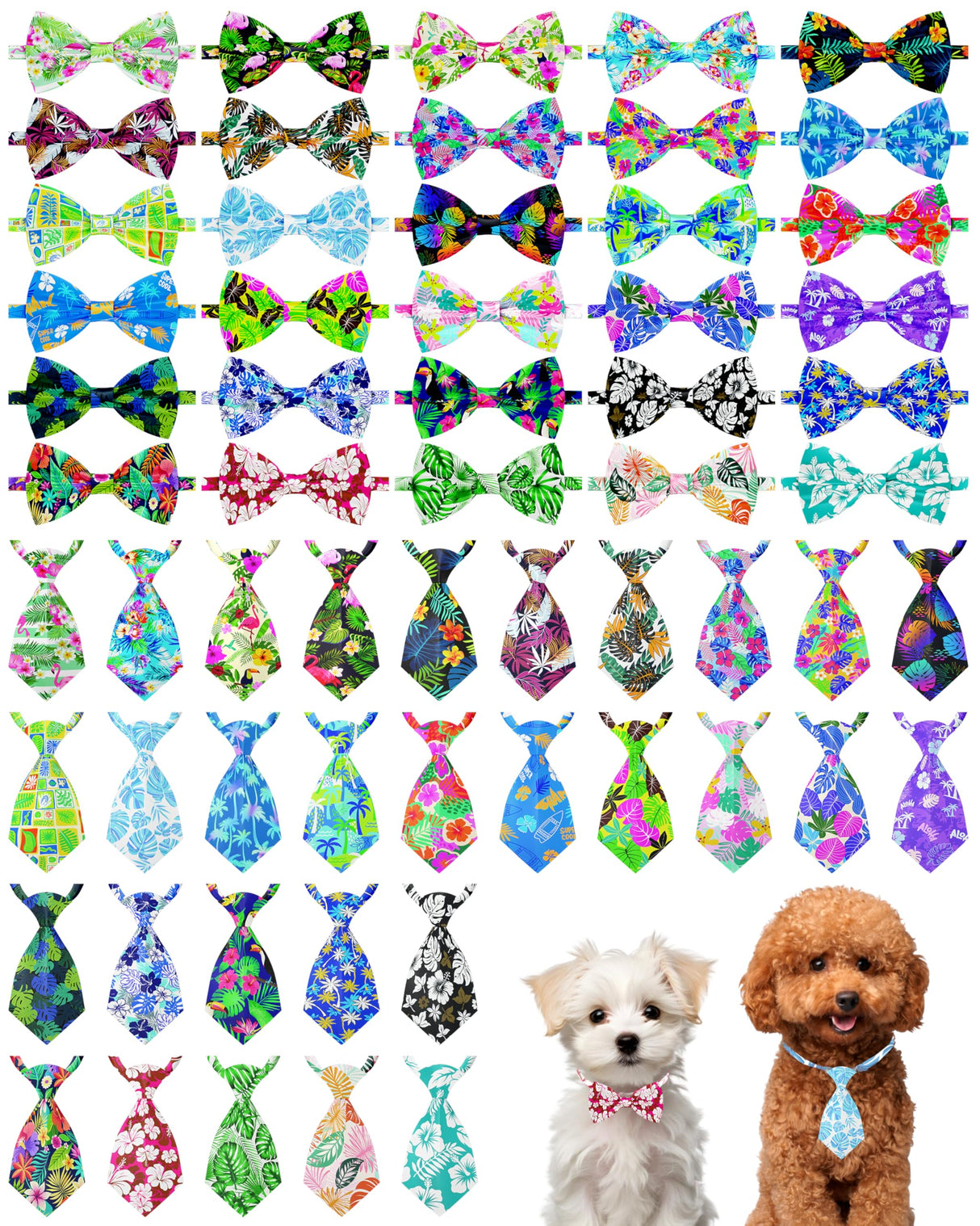 PET SHOW 60 Pack Hawaiian Small Dog Collar Bow Ties and Neck Ties Bulk Puppy Cats Adjustable Summer Floral Bowties for Medium Dogs Hawaii Bowknots Holiday Party Ties Pet Grooming Accessories