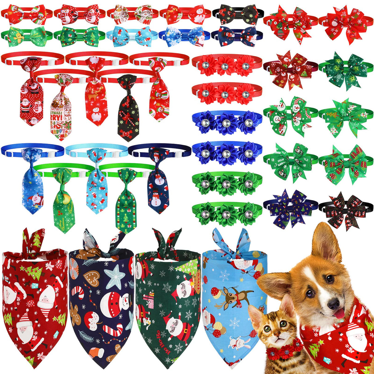 40 Pcs Christmas Dog Bow Ties Set 26 Christmas Pet Bowties 10 Santa Snowman Necktie 4 Winter Dog Bandana Xmas Grooming Accessories for Holiday Pet Outfit Winter Gift
