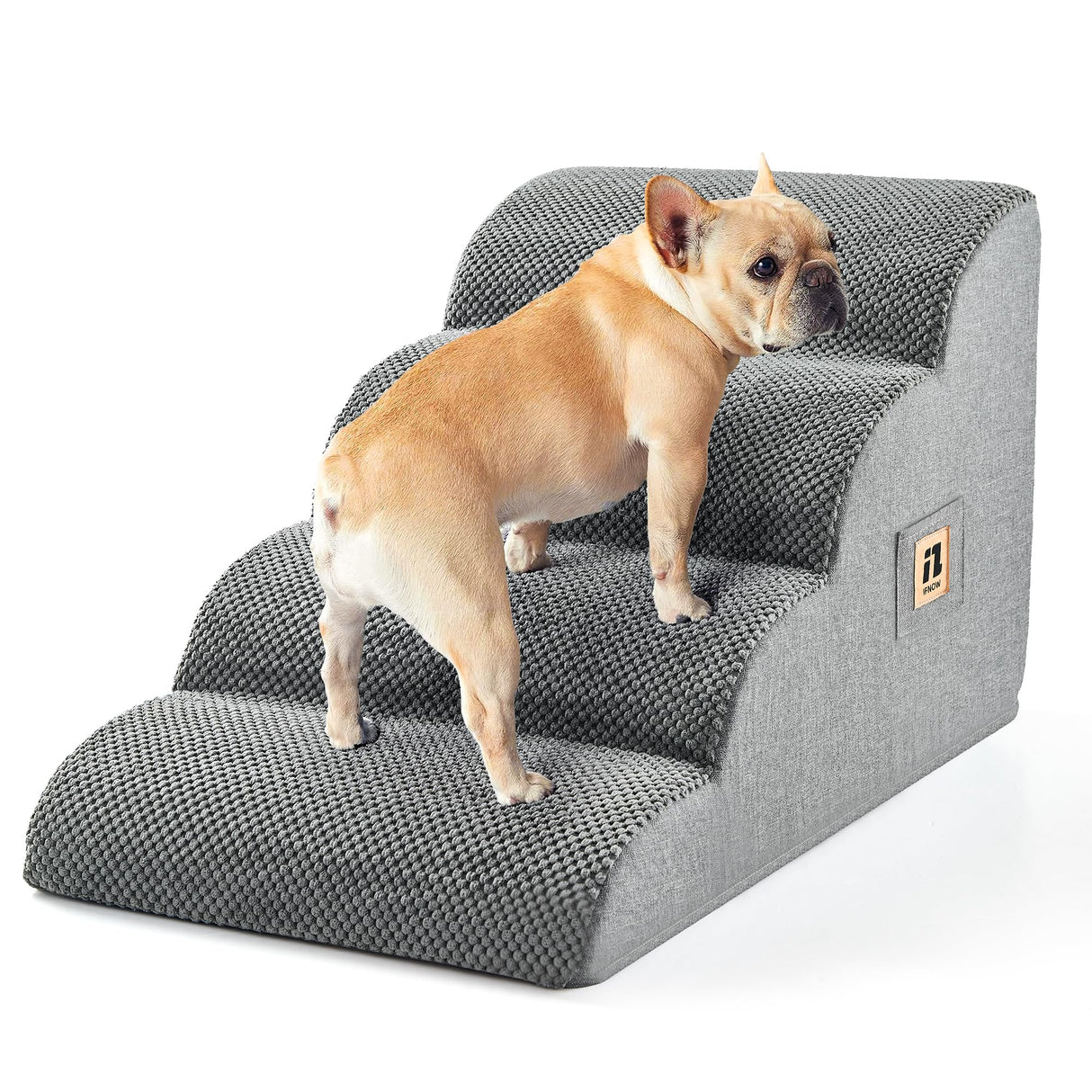 IFNOW Dog Stairs for Small Dogs 15.7''H, 4-Step Sturdy Dog Steps for Bed, Couch, Sofa, Waterproof Pet Stairs for Older Cats, Puppy, Removable Washable Cover, Non-Slip Curved Pet Ramp Indoor, Grey
