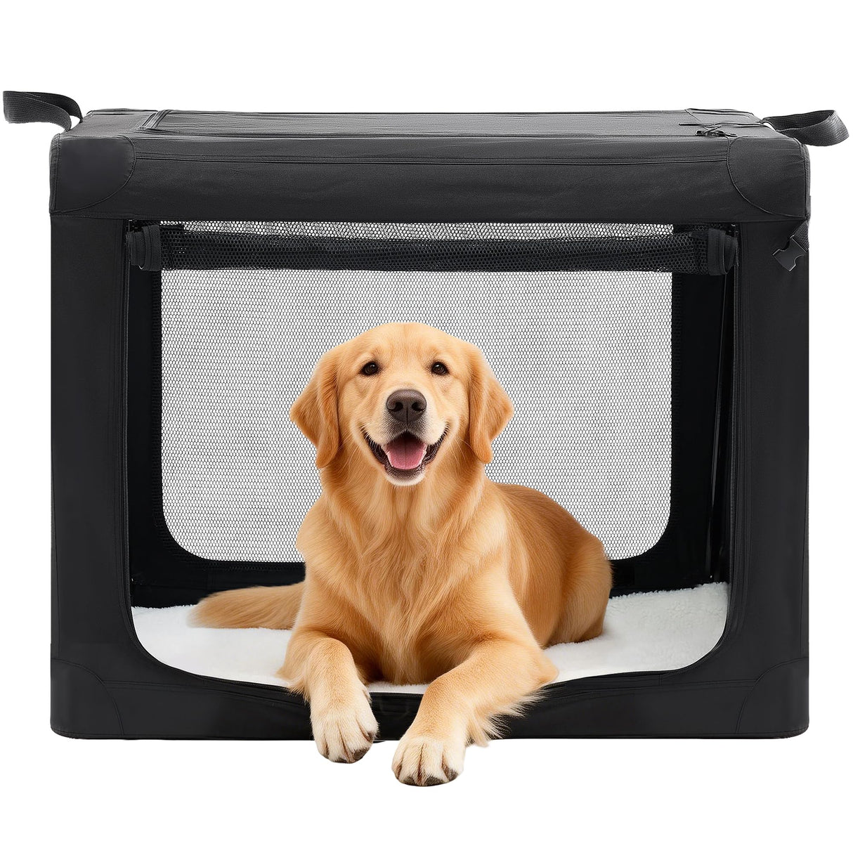 KMFurnila Dog Travel Crate 36 Inch, Portable Soft-Sided Travel Carriers for Dogs and Cats, Foldable Pet Kennel with 3-Doors Mesh Windows Indoor & Outdoor, Black