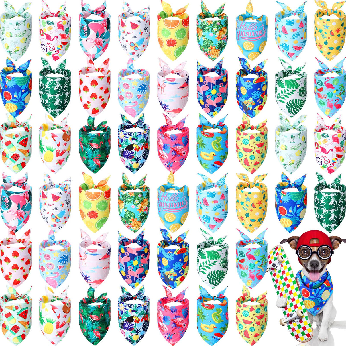 Chunful 50 Pieces Dog Bandanas for Summer Bulk Hawaiian Bandanas Bib Triangle Dog Scarf Set with Fruit Leave Flamingo Pattern for Summer Pet Costume Accessories Decoration(31.5 x 21.7 x 21.7 Inches)