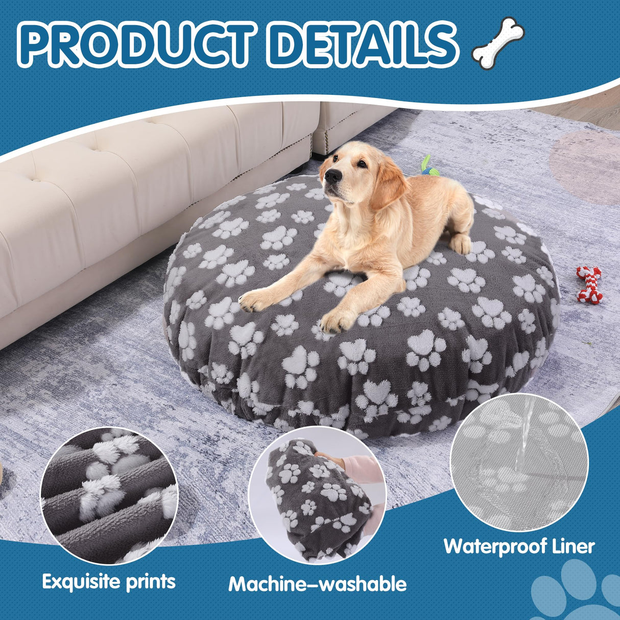 BALAPET Washable Dog Bed Covers Replacement Round Waterproof Bed Cover for Dog Soft Pet Bed Cover with Lovely Dog Paw Print and Double-Sided Usable Design,Cover Only(Dark Gray,45 * 45 * 11in)