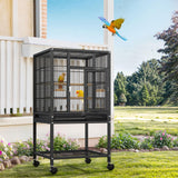DWVO 41-inch Metal Bird Cage: Large Parrot Cages with Rolling Stand - Features Tray, Food Boxes & Wooden Perches for Parakeets, Lovebirds, Cockatiels, Finches and Pigeons, Black