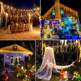 Christmas Icicle Lights Outdoor - 99ft 1216 LED 8 Modes Hanging Dripping Icicle String Lights with 228 Drops, Plug in Waterproof Timer Memory for Home Holiday Yard Wedding Party Indoor, Warm White
