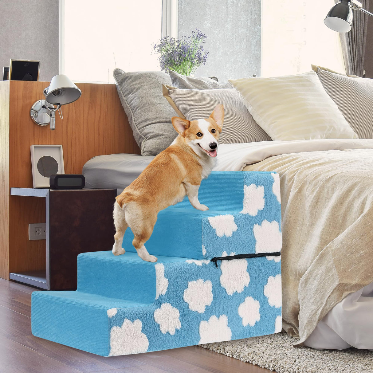 Pet Stairs for Small Dog Stairs for Sofa and Bed High Density Foam Stairs Pet Ladder with Removable Washable Cover Non-Slip Base(4 Steps Blue)