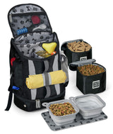 Mobile Dog Gear, Dog Travel Bag, Drop Bottom Week Away Backpack for Medium and Large Dogs, Includes 2 Lined Food Carriers and 2 Collapsible Dog Bowls, Black