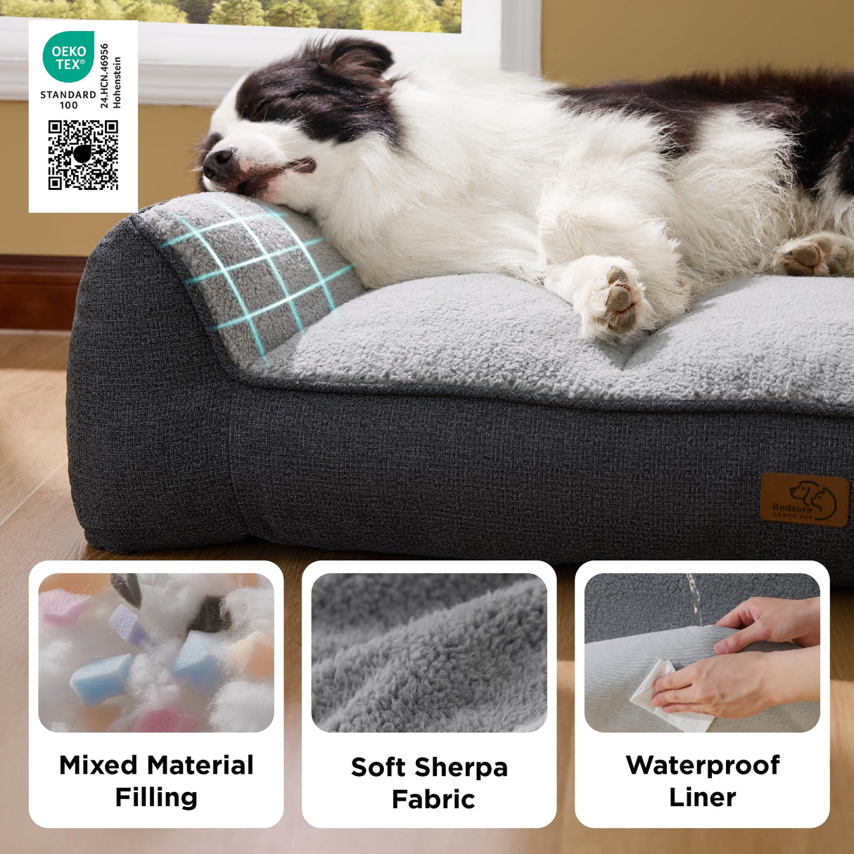 Bedsure SupportMax™ XL Orthopedic Dog Beds Large Sized Dog - Extra Thick Supportive Dogs Couch with Waterproof Washable Cover, Extra Large Comfort Pet Sofa with Soft Sherpa & Nonskid Bottom, Grey, 42"