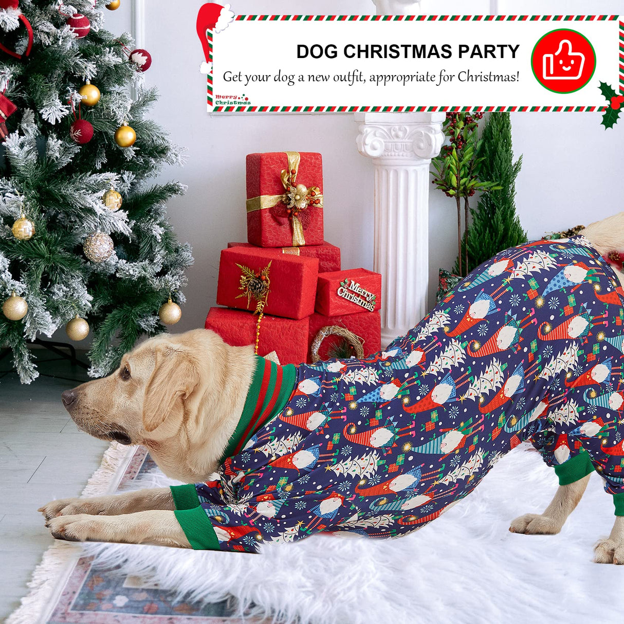 LovinPet Large Dog Christmas Pajamas - Christmas Outfit Xmas Holiday Costume for Dogs, Lightweight Pullover, A Gnome to FA La Navy Prints Large Dog PJ's Pitbull Clothes, L