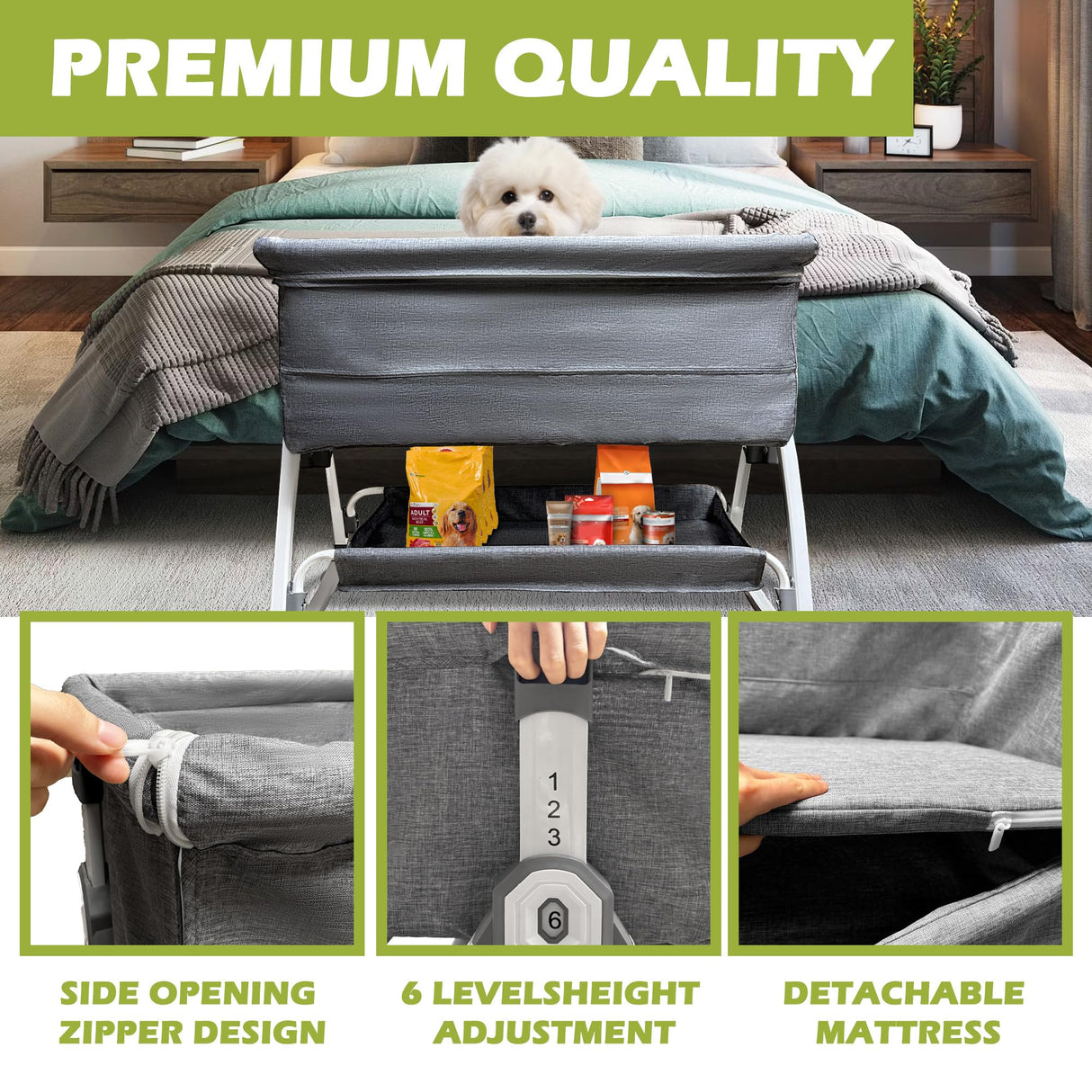 Bedside Cosleeper Dog Bed, Raised Dogs Bed 27''-32'' Adjustable Height, Dog Bed Extension for Human Bed, Bedside Dogs Bed for Small, Medium Dogs(35''L x 20''W)