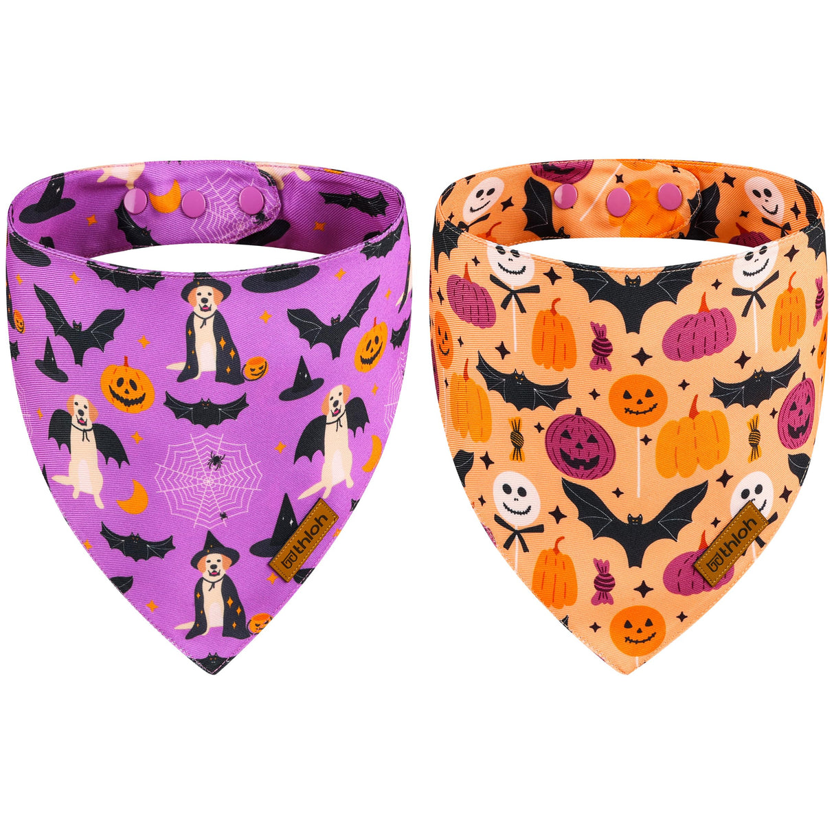 THLOH Halloween Dog Bandanas - 2 Pack Purple Dog Bandana with Snap Button | Reversible Pet Scarf for Boy & Girl | Premium Durable Fabric | Holiday Bandana for Large and Extra Large Dogs (X-Large)