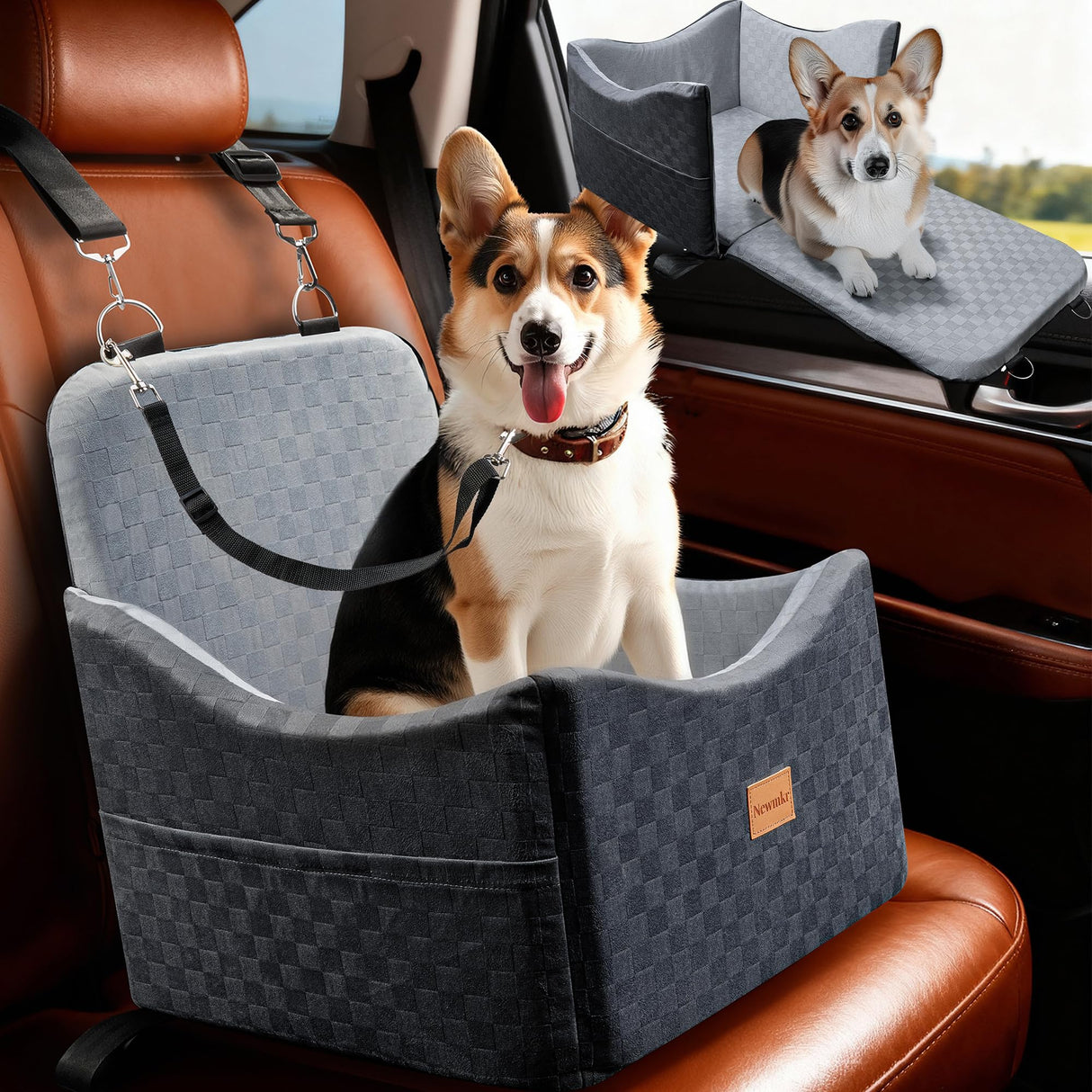 Newmkr 2 in 1 Dog Car Seat Bed for Small/Medium Dogs Up to 35 lbs, Travel Dog Booster Seat with Memory Foam Thick Cushion, Safety Belts&Storage Pockets, Removable Washable Bed Fits Front or Back Seat