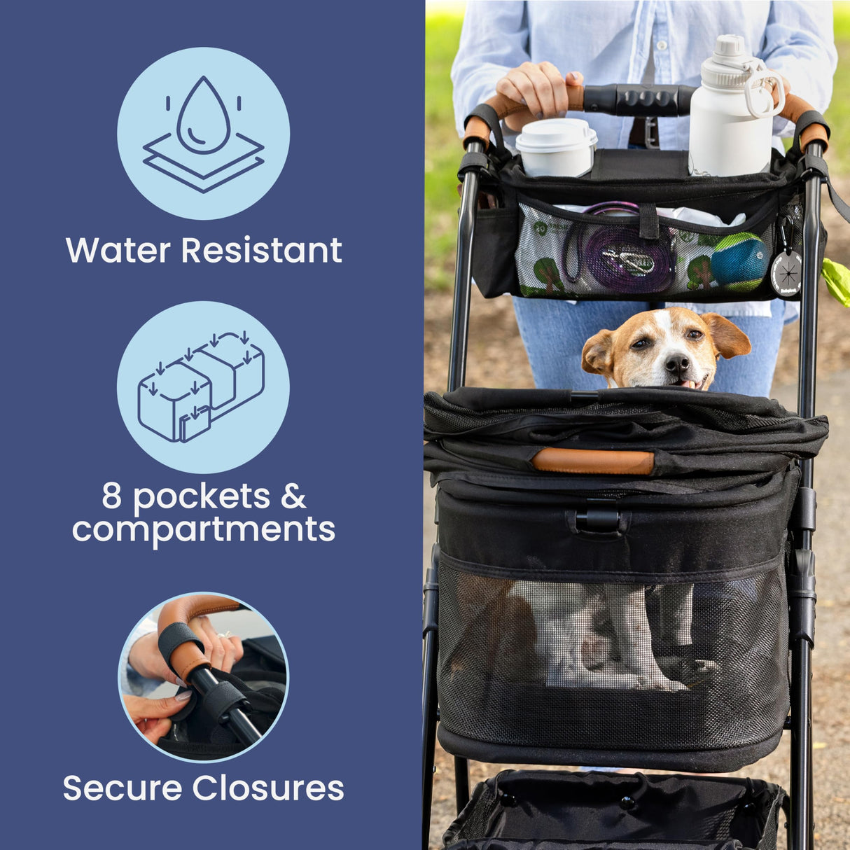 rubyloo Dog Stroller Caddy Organizer with Poop Bag Dispenser, Treat Pocket, Water Bowl – Dog Stroller Accessories with Insulated Cup Holders, Pet Storage & Non-Slip Fit for 14"-19" Wide Handlebars