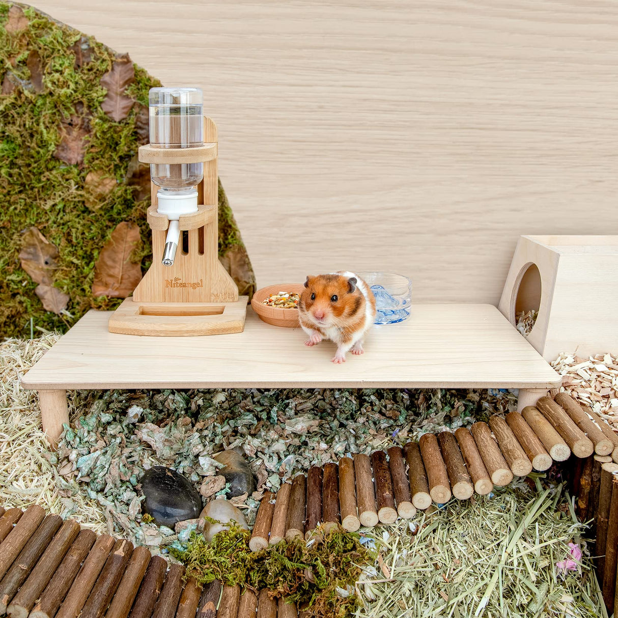 Niteangel Hamster Play Wooden Platform for Dwarf Syrian Hamsters Gerbils Mice Degus or Other Small Pets (Rectange - 7'' Height, Burlywood)