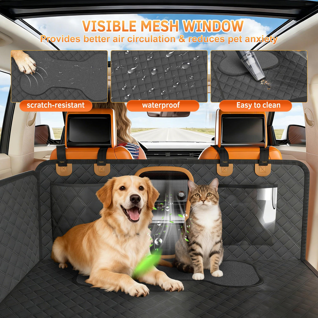 Guanyanmei Dog Bone PU Leather Rear Extender, 280LBS Waterproof Pet Hammock, Foldable Dog Car Seat Cover for SUV Sedan