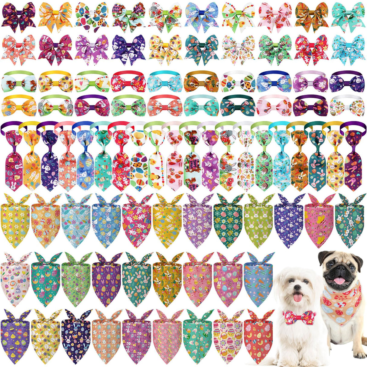 Reginary 120 Pcs Easter Dog Bandanas Bulk Dog Bows Set Bow Ties Cat Scarf Colorful Washable Triangle Pet Kerchief Cute Bib for Summer Small Medium Large Pets Grooming Accessories Costume