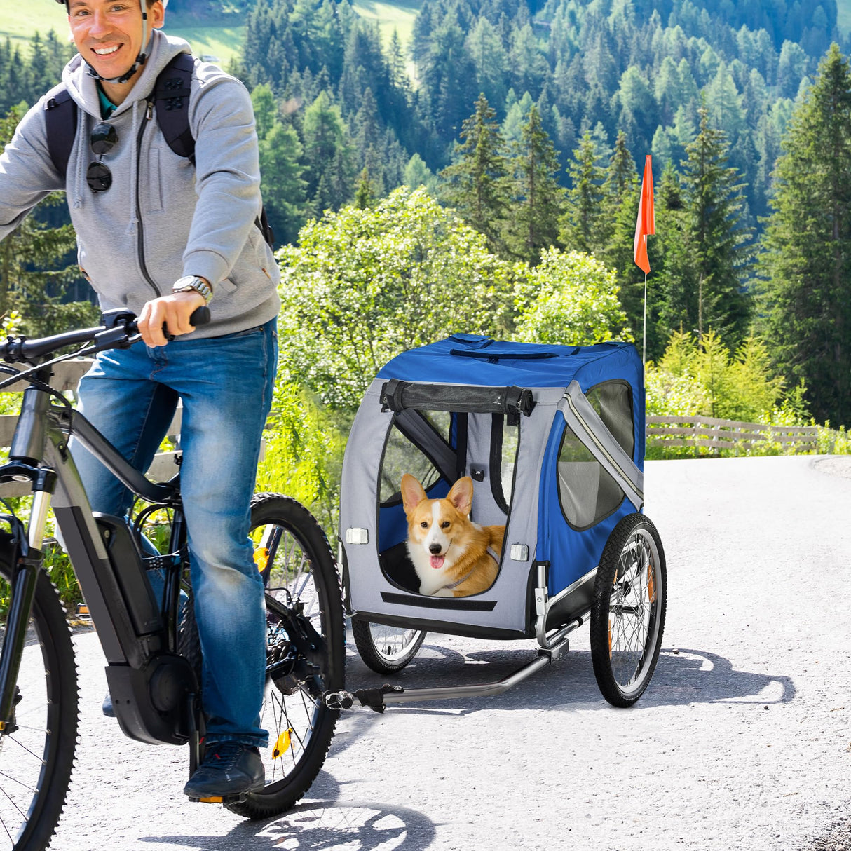 Aosom Dog Bike Trailer, Pet Wagon Bicycle Trailer with Easy Folding Cart Frame, 20" Large Rubber Wheels, 3 Entrances, Mesh Screen, Pet Bike Trailer for Off-Road & Travel, Blue and White