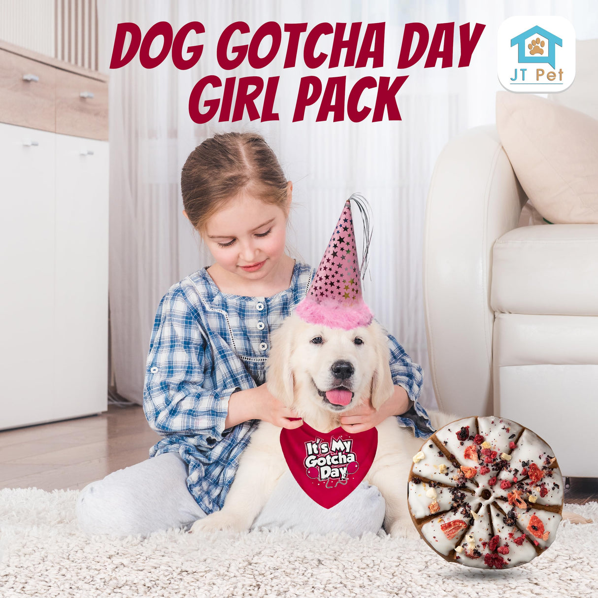 JT PET Dog Gotcha Day Party Pack with Bandana, Star Spangled Adjustable Elastic Party Hat with Tassels and Feathery Trim, Vegan Pie Included, Pink Girl, Small