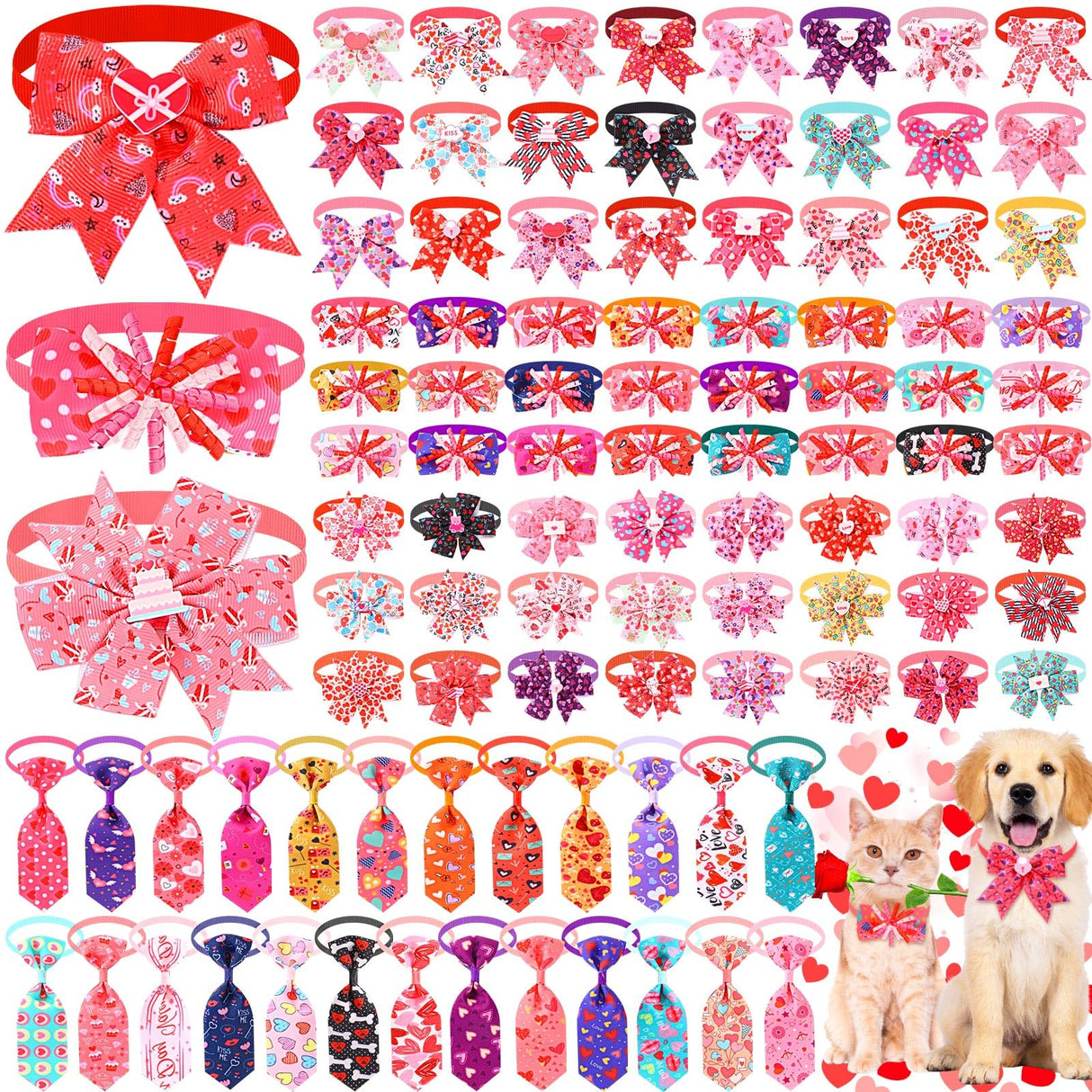 Huhumy 100 Pcs Valentine's Day Dog Bow Tie Collar Bulk Valentine's Day Dog Bow Tie Adjustable Heart Puppy Neckties Collars for Small Medium Pet Grooming Accessories Puppy Supply